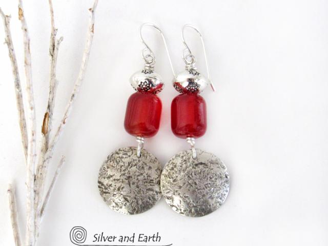 Round Sterling Silver Dangle Earrings with Orange Carnelian Gemstones - Modern Boho Chic Jewelry