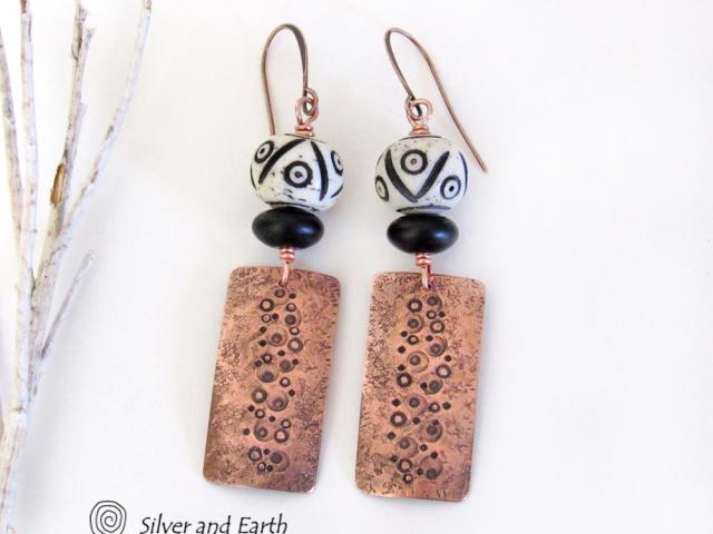Textured Copper Earrings with African Carved Bone & Black Beads - Ethnic Boho Tribal Style Handmade Jewelry