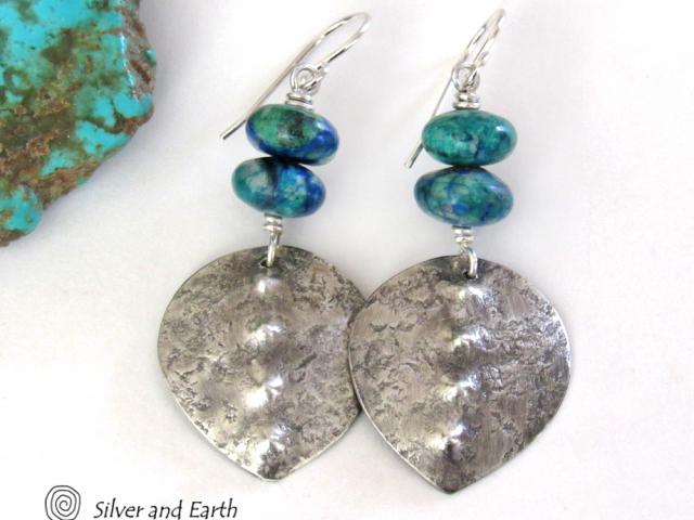 Sterling Silver Earrings with Blue Green Chrysocolla Stones - Earthy Modern Silver Jewelry