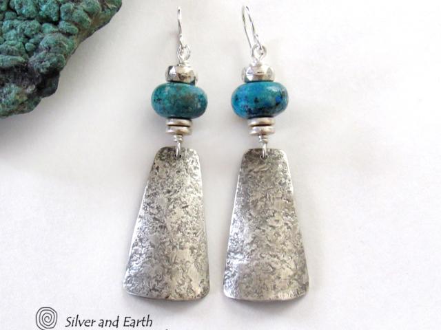Sterling Silver Dangle Earrings with Chrysocolla Stones - Artisan Handmade Modern Silver Jewelry