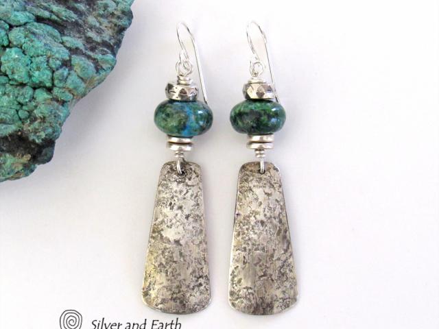 Sterling Silver Dangle Earrings with Chrysocolla Stones - Artisan Silversmith Jewelry