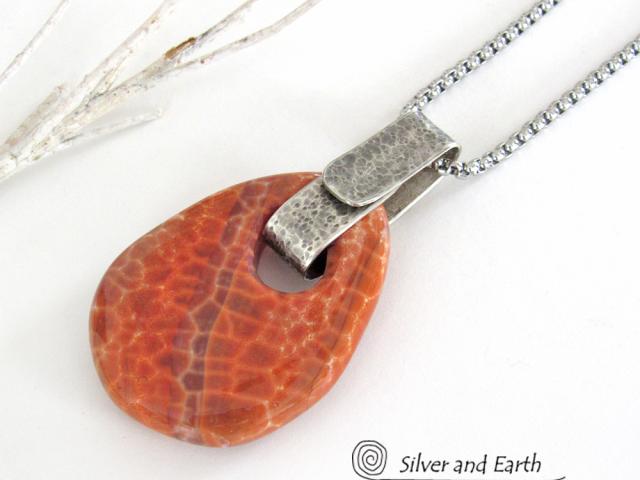 Orange Fire Agate Sterling Silver Pendant Necklace - Bold Modern Gemstone Jewelry