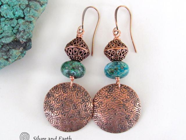 Hand Stamped Copper Dangle Earrings with Chrysocolla Gemstones & Filigree Beads - Modern Boho Chic Artisan Handmade Jewelry