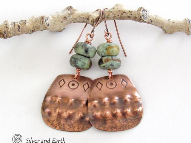 Southwest Style Stamped Copper Earrings with African Turquoise Stones