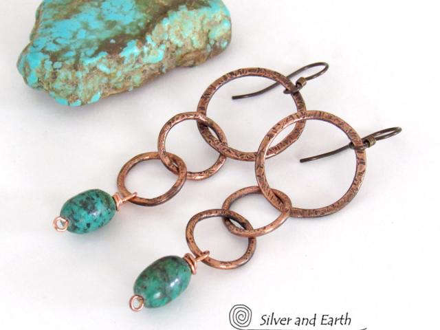 Long Copper Chain Earrings with Dangling Natural African Turquoise Stones