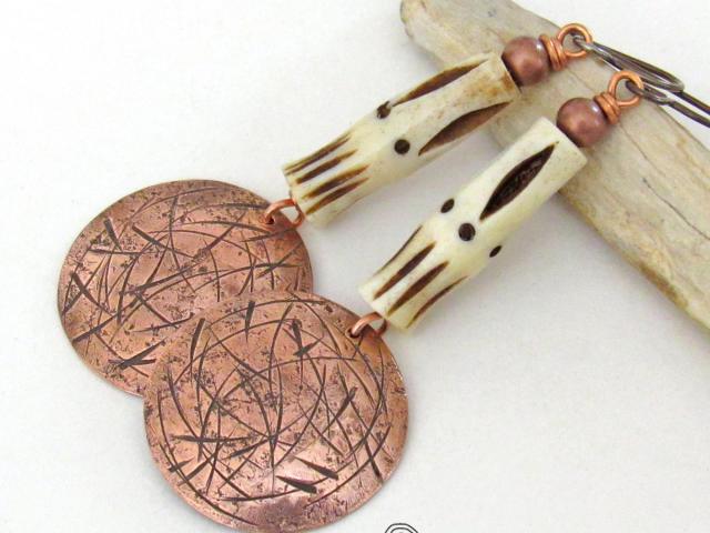 African Tribal Earrings with Copper Dangles & African Carved Bone - Boho Tribal Jewelry