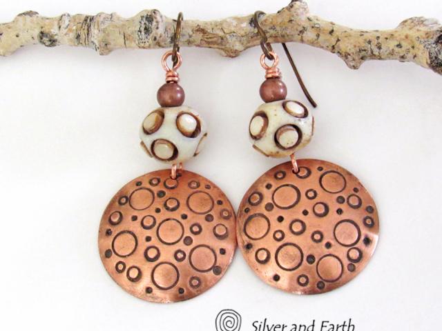 Copper Tribal Earrings with African Carved Bone - Bohemian Boho Tribal Jewelry