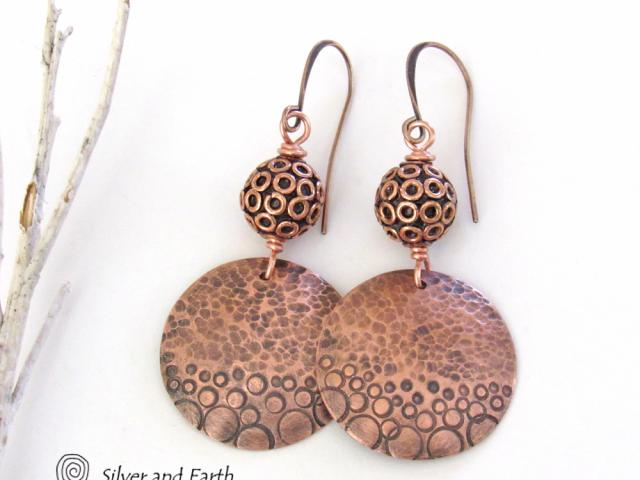 Copper Circle Dangle Earrings with Hand Stamped & Hammered Texture - Unique Handmade Artisan Metal Jewelry