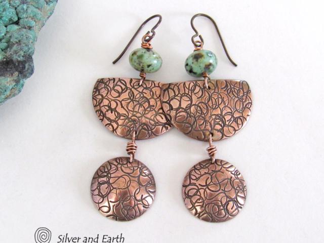Copper Dangle Earrings with African Turquoise - Hand Forged Metal Jewelry