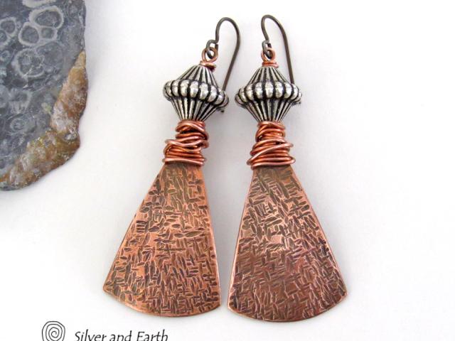 Bohemian Tribal Copper Earrings with Silver Beads - Unique Handcrafted Mixed Metal Jewelry