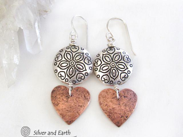 Mixed Metal Copper Heart Earrings with Pewter Beads - Romantic Jewelry Gifts for Women