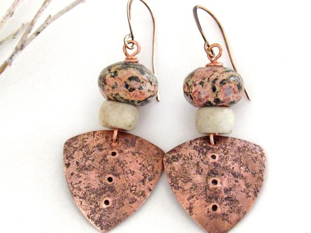 Copper Boho Tribal Shield Earrings with Natural Leopard Skin Jasper Stones & African Glass Beads