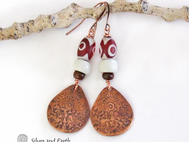 Hand Stamped Copper Dangle Earrings with Etched Tibetan Agate Stones - Unique Boho Chic Jewelry