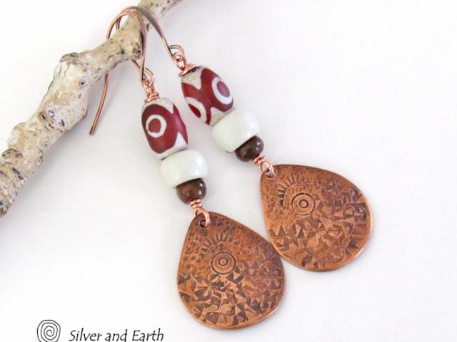 Hand Stamped Copper Dangle Earrings with Etched Tibetan Agate Stones - Unique Boho Chic Jewelry