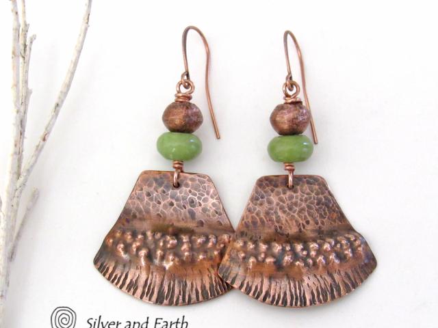 Textured Copper Earrings with Green Serpentine Stones - Rustic Earthy Bohemian Tribal Style Jewelry