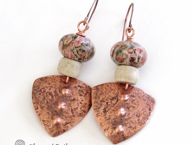 Copper Boho Tribal Shield Earrings with Natural Leopard Skin Jasper Stones & African Glass Beads