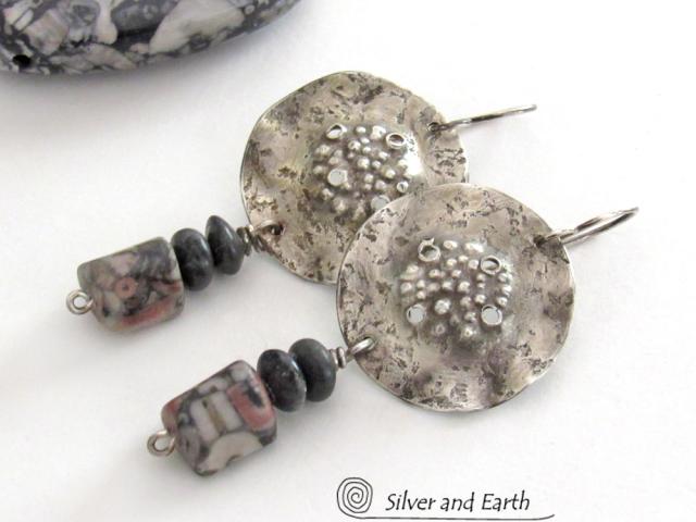 Crinoid Fossil Sterling Silver Earrings with Gray Jasper Stones - Modern Edgy Rustic Organic Silver Jewelry
