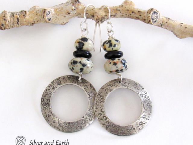 Sterling Silver Hoop Earrings with Dalmatian Jasper Stones