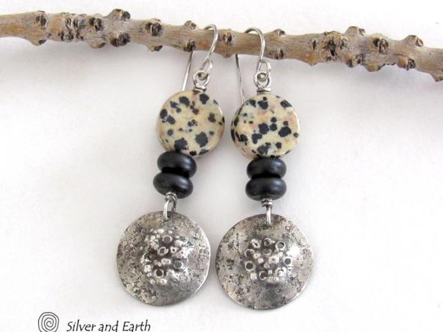 Sterling Silver Earrings with Dalmatian Jasper & Black Agate Stones - Rustic Earthy Modern Artisan Handcrafted Jewelry