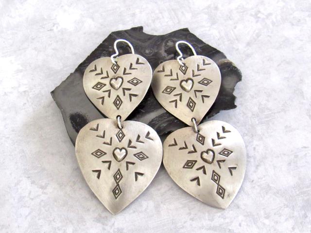 SALE: Large Sterling Silver Heart Concho Earrings - Vintage Southwestern Jewelry
