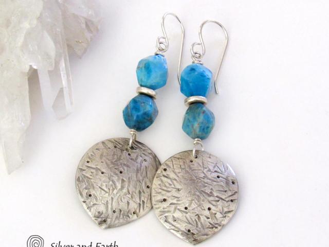 Sterling Silver Dangle Earrings with Blue Apatite Gemstones - Modern Silver Jewelry