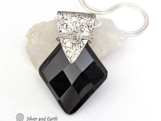 Sterling Silver Pendant Necklace with Faceted Black Onyx Gemstone
