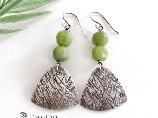 Textured Sterling Silver Earrings with Green Serpentine Faceted Gemstones - Artisan Handcrafted Earthy Modern Jewelry