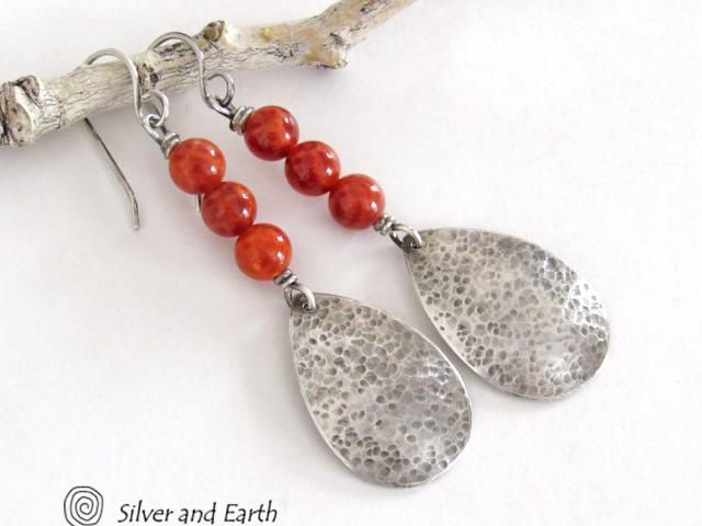 Hammered Sterling Silver Teardrop Earrings with Orange Fire Agate Gemstones