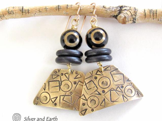 Hand Stamped Gold Brass Earrings with Tibetan Eye Agate Stones - Artisan Handcrafted Abstract Funky Mod Jewelry