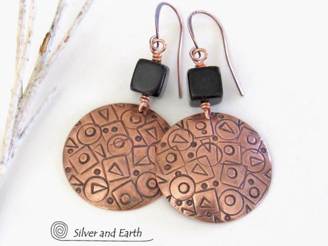 Hand Stamped Copper Earrings with Mod Abstract Texture & Black Jasper Stones - Unique Artsy Handmade Metalwork Jewelry
