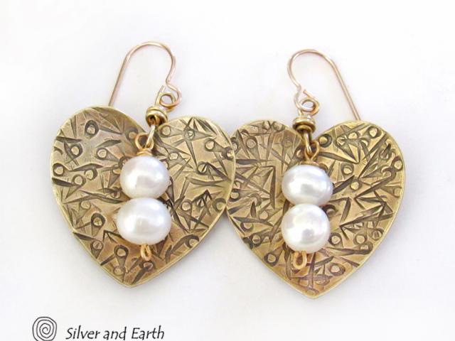 Gold Brass Heart Earrings with White Pearls - Anniversary Gifts for Women