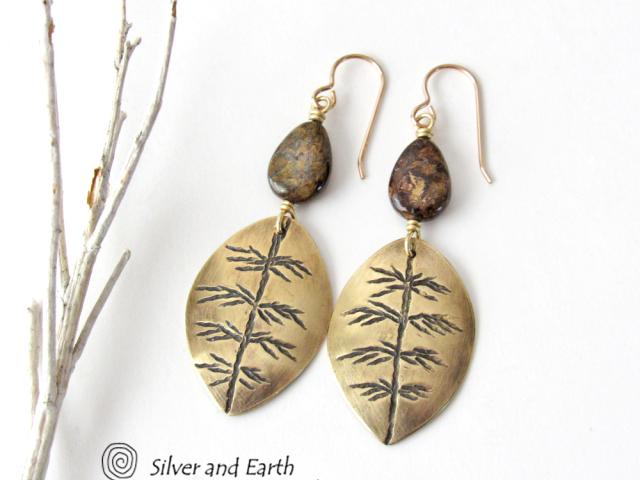 Gold Brass Leaf Earrings with Brown Bronzite Gemstones - Modern Earthy Nature Jewelry Gifts for Women