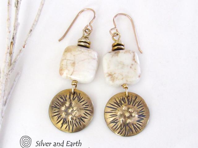 Textured Gold Brass Dangle Earrings with White Magnesite Stones