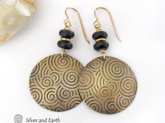Gold Brass Spiral of Life Earrings with Black Onyx Stones - Bold Modern Artisan Handmade Jewelry