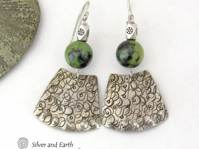 Bold Exotic Sterling Silver Earrings with Green Jade Gemstones