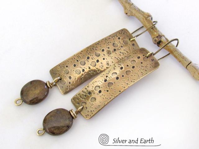 Hammered Gold Brass Rectangle Earrings with Rustic Organic Texture and Earthy Natural Brown Bronzite Stones