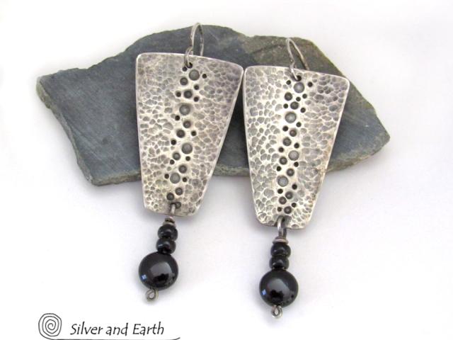 Hammered Sterling Silver Earrings with Black Onyx Dangles - Artisan Handmade Earthy Organic Edgy Modern Jewelry