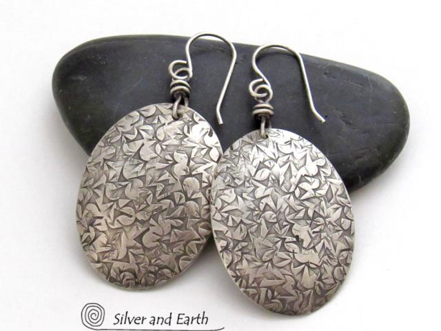 Modern Contemporary Sterling Silver Oval Dangle Earrings with Intricate Hand Stamped Texture