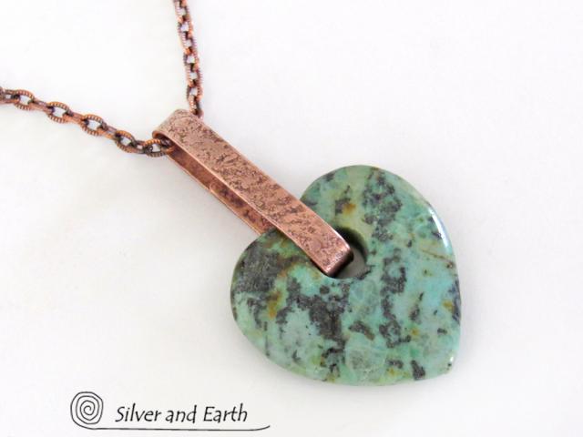 Heart Shaped African Turquoise Stone Necklace with Copper - Valentine / Anniversary Gifts for Women