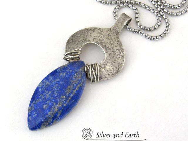 Sterling Silver Pendant Necklace with Natural Blue Lapis Lazuli Gemstone 