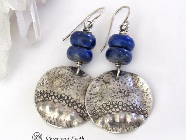 Sterling Silver Dangle Earrings with Blue Lapis Gemstones - Bold Modern Unique Artisan Handcrafted Jewelry