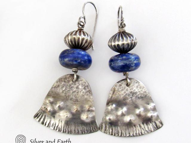 Sterling Silver Earrings with Natural Blue Lapis Gemstones - Modern Tribal Southwest Style Jewelry