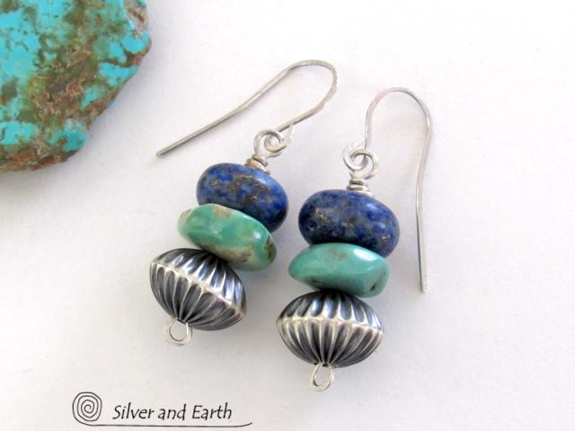 Turquoise & Lapis Earrings with "Navajo Pearl Style" Sterling Silver Beads