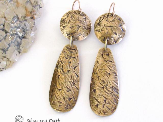 Long Textured Gold Brass Dangle Earrings - Contemporary Modern Metal Jewelry