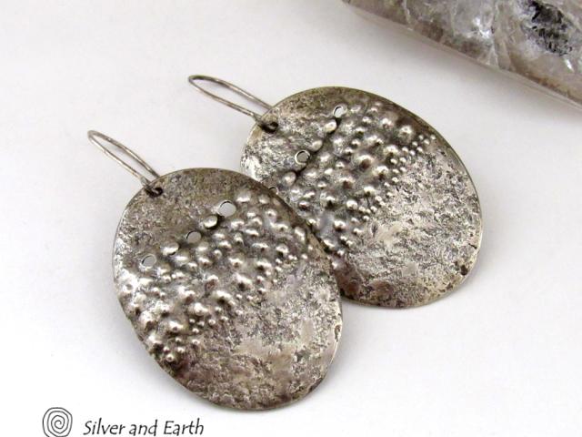 Large Sterling Silver Earrings with Unique Texture - Organic Earthy Silver Jewelry