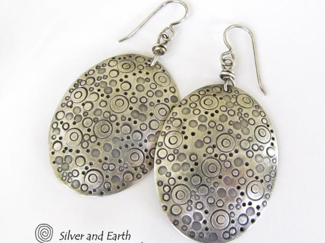Big Oval Sterling Silver Earrings with Unique Texture - Handcrafted Modern Silver Jewelry