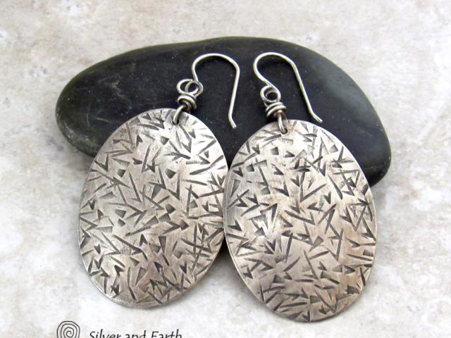 Big Sterling Silver Dangle Earrings with Stamped Texture - Modern Silver Jewelry