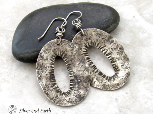 Modern Edgy Hammered Sterling Silver Earrings - Organic Earthy Sterling Silver Jewelry