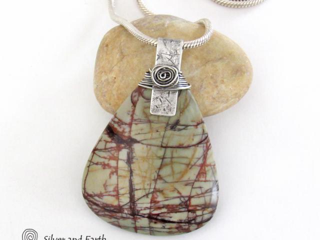 Large Picasso Jasper Sterling Silver Statement Necklace - One of Kind Natural Stone Jewelry