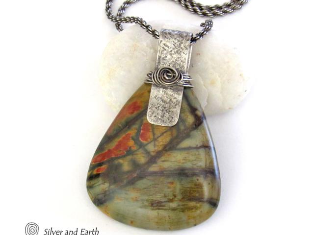 Large Red Creek Jasper Sterling Silver Statement Necklace - One of Kind Natural Stone Jewelry